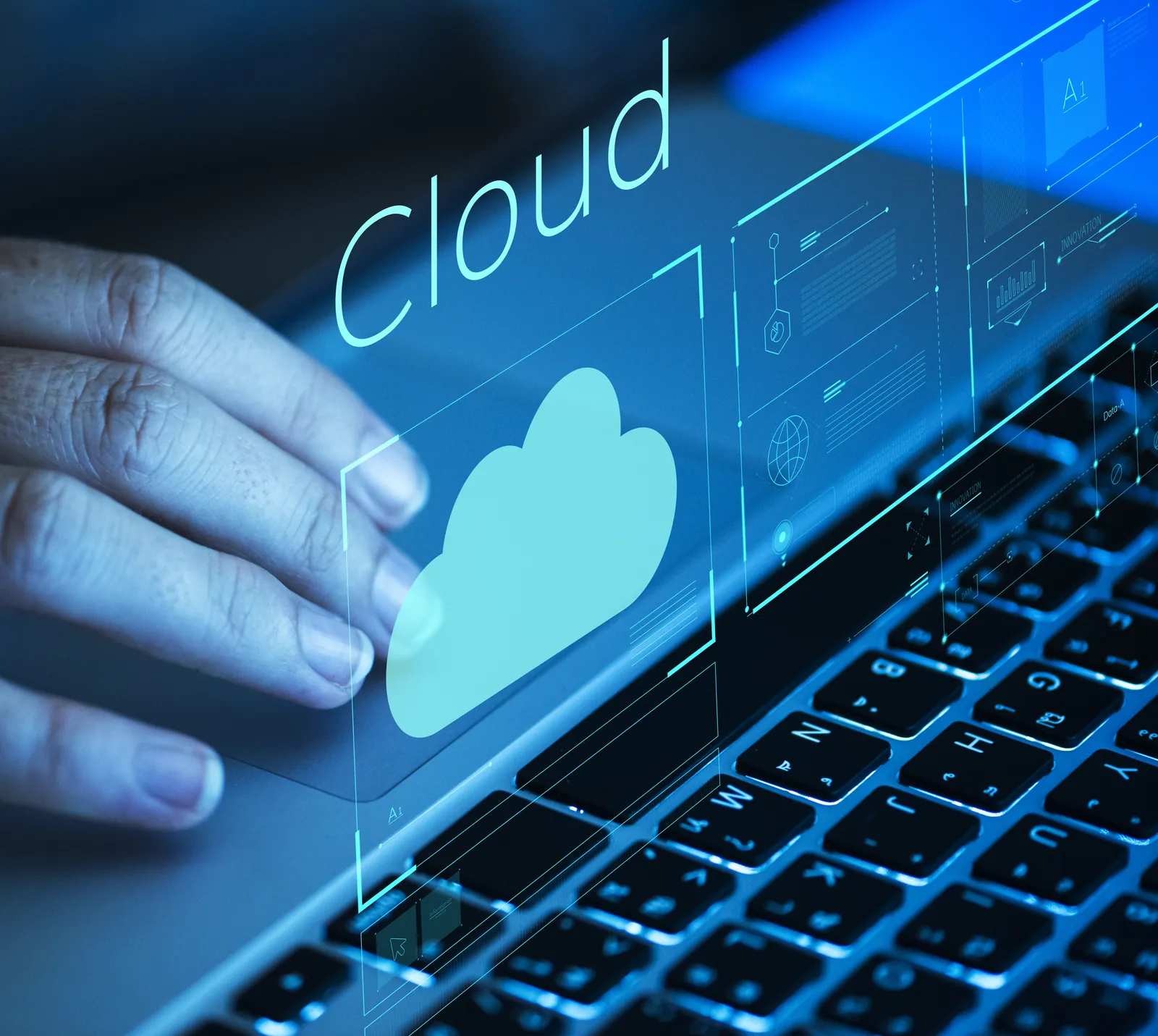 Cloud interface hologram representing custom platforms and integrations