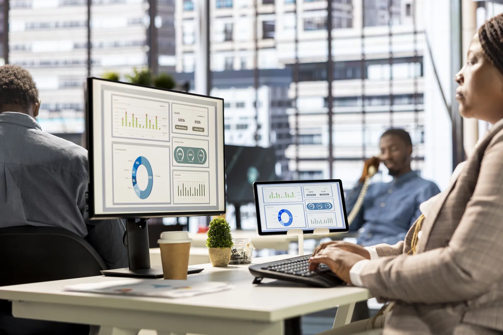 Business analytics dashboards representing customer self-service portals